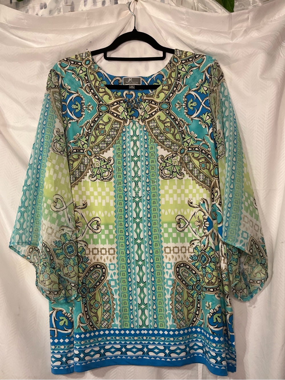 JM Collection Turquoise & Green Patterned Top with long flared sleeves 1X